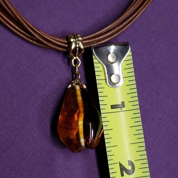 Lia Sophia Signed Gold Tone Brown Cord Amber Teardrop Glass Pendant Necklace - Picture 10 of 11